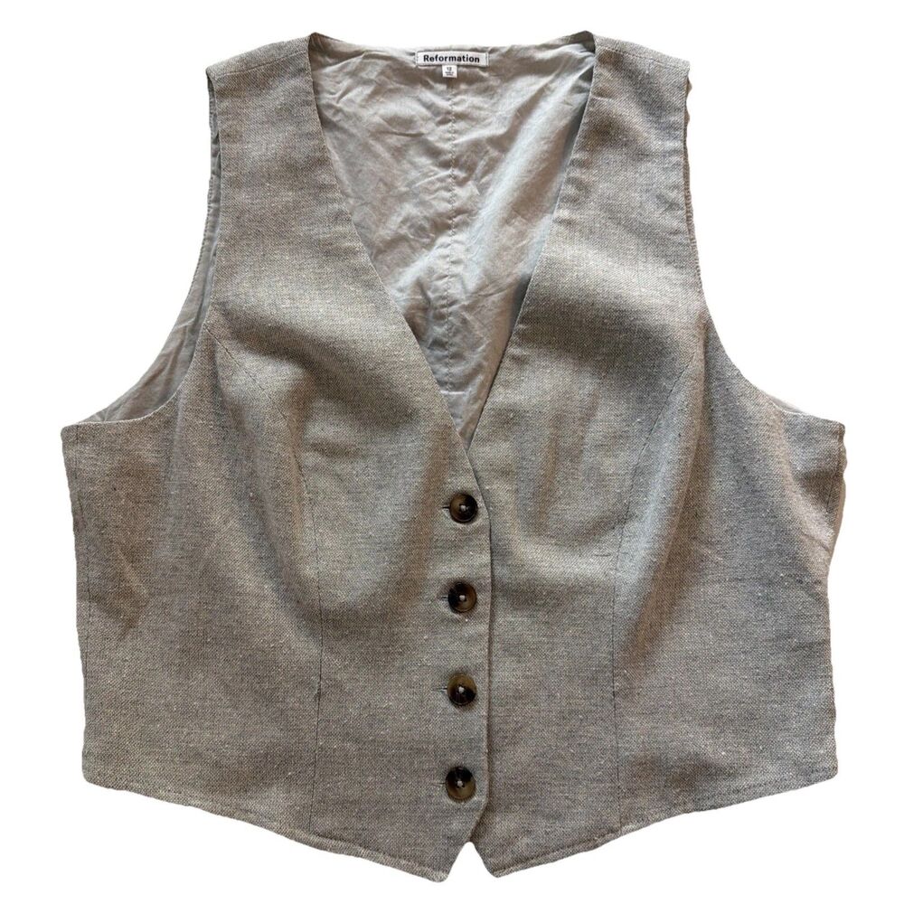 Reformation Devin Vest Women’s Size 12 Tan V-Neck Button Front Tailored Top chic